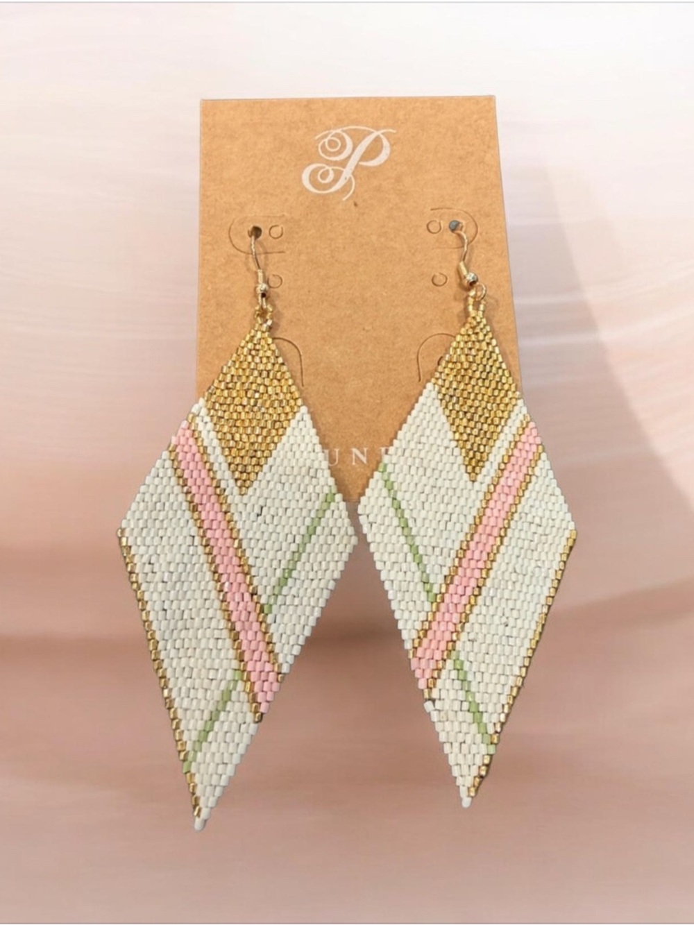 Plunder White, Pink & Gold Beaded Diamond Drop Earrings